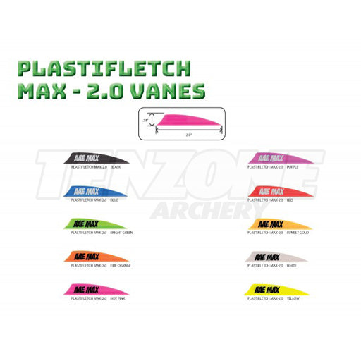 Ten individual AAE Plastifletch Max vanes, one of each available colour, on a white background with the Ten Zone Archery logo watermark. Each vane has AAE MAX printed on it in either white or black.