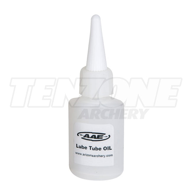 AAE Lube Tube Arrow lubricant oil bottle on white background with Ten Zone Archery logo watermark.