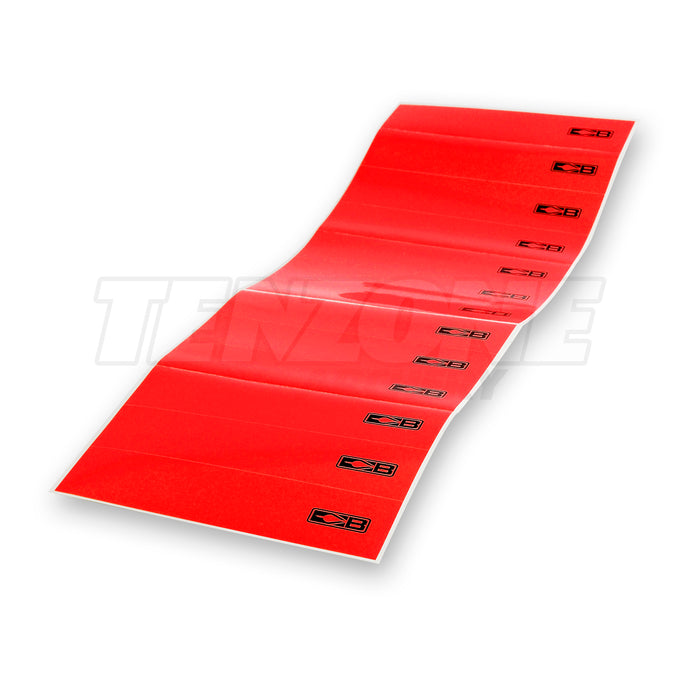 Thirteen neon red Bohning arrow wraps each printed at one end with a black Bohning logo symbol. The Ten Zone Archery logo is visible as a watermark over the image.