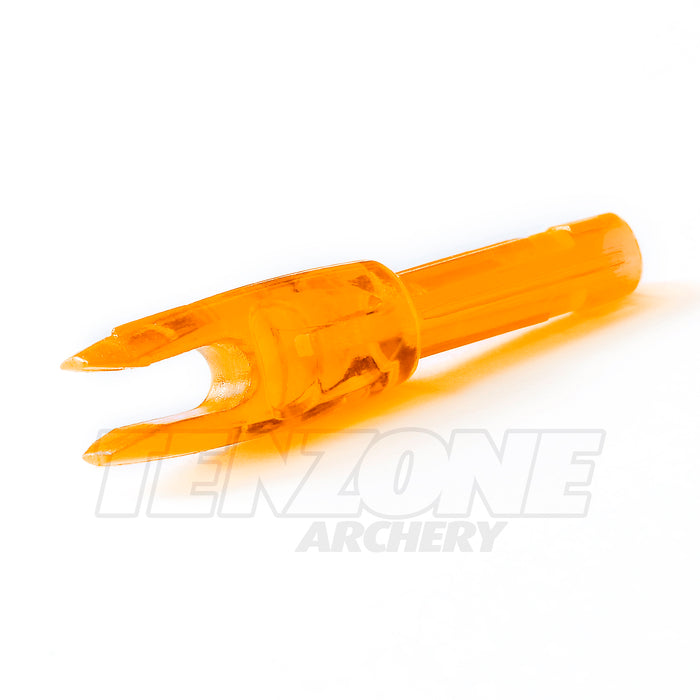 Closeup image of one orange EV-M micro diameter nock of large throat size by Evolusion Arrows from Ten Zone Archery
