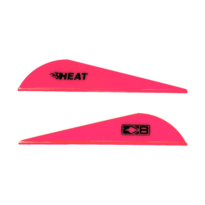 Two hot pink Bohning Heat vanes. One vane shows the black Heat logo. The other faces the opposite direction and shows the black Bohning logo symbol.