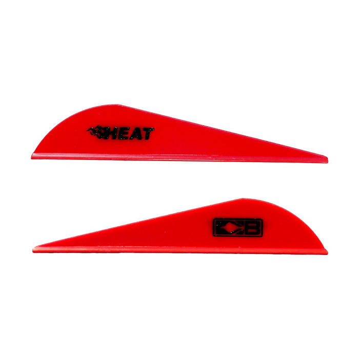 Two red Bohning Heat vanes. One vane shows the black Heat logo. The other faces the opposite direction and shows the black Bohning logo symbol.