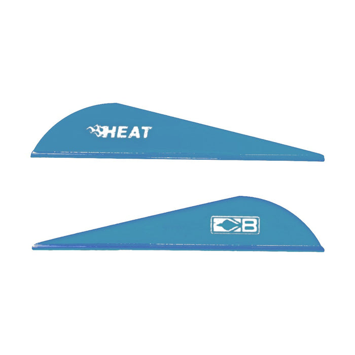 Two satin blue Bohning Heat vanes. One vane shows the white Heat logo. The other faces the opposite direction and shows the white Bohning logo symbol.