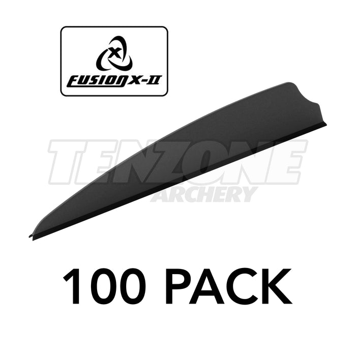 One black Q2i X-II 3-inch vane with a black base. The image includes the Fusion X-II logo and these words: 100 PACK. The Ten Zone Archery logo is visible as a watermark over the image.
