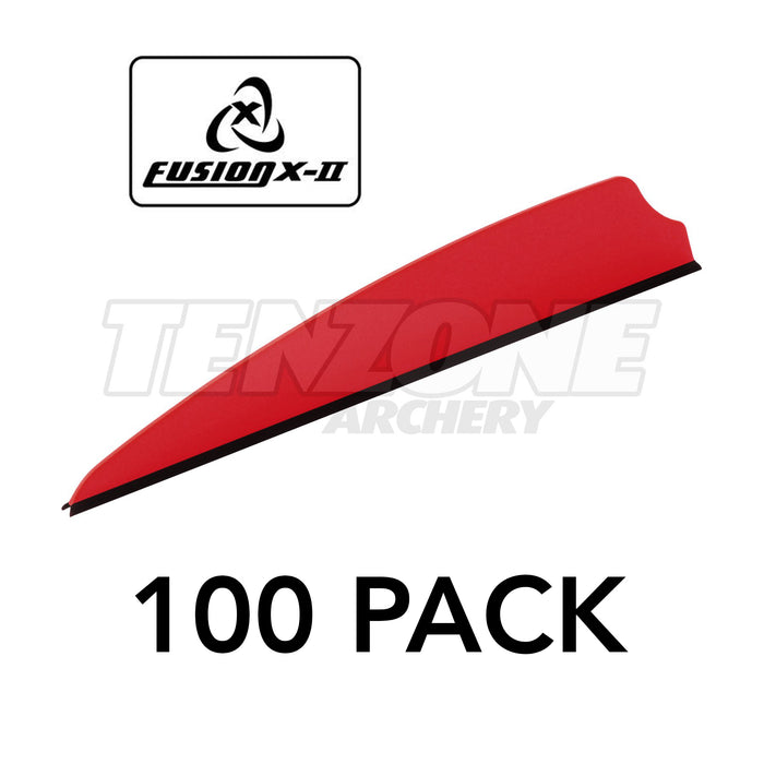 One red Q2i X-II 3-inch vane with a black base. The image includes the Fusion X-II logo and these words: 100 PACK. The Ten Zone Archery logo is visible as a watermark over the image.