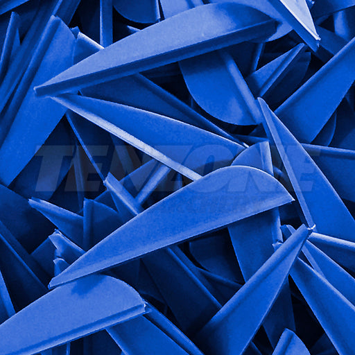 Closeup of many blue AAE Elite Plastifletch 1.6-inch vanes with Ten Zone Archery logo watermark