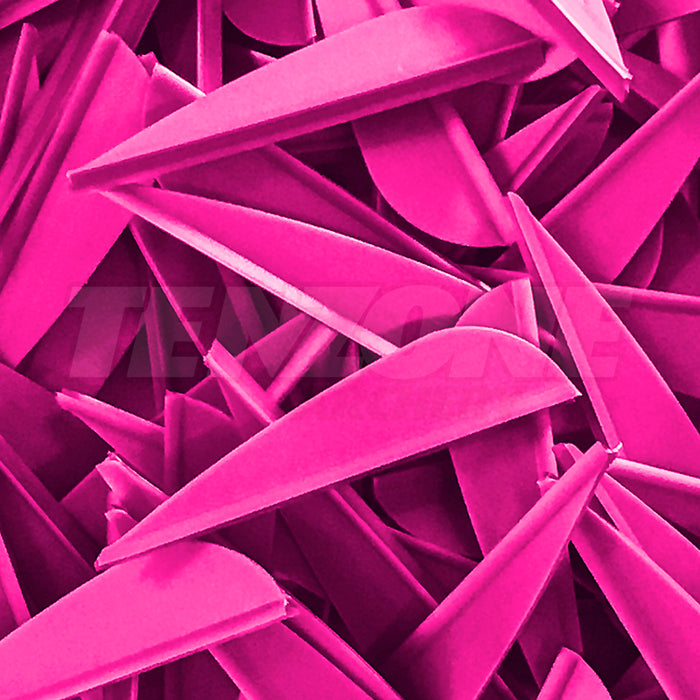 Closeup of many hot pink AAE Elite Plastifletch 1.6-inch vanes with Ten Zone Archery logo watermark