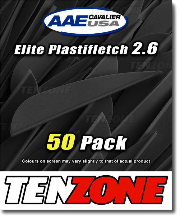 Black AAE Elite Plastifletch 2.6-inch vanes in a 50 pack with Ten Zone Archery and AAE logos