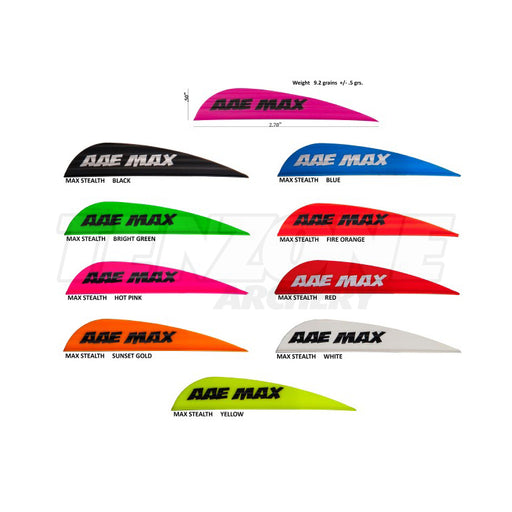 Nine individual AAE Max Stealth vanes showing the range of nine colours, with vane dimensions .5 inch height by 2.7 inch length, weight 9.2 grains. The Ten Zone Archery logo is visible as a watermark over the image.