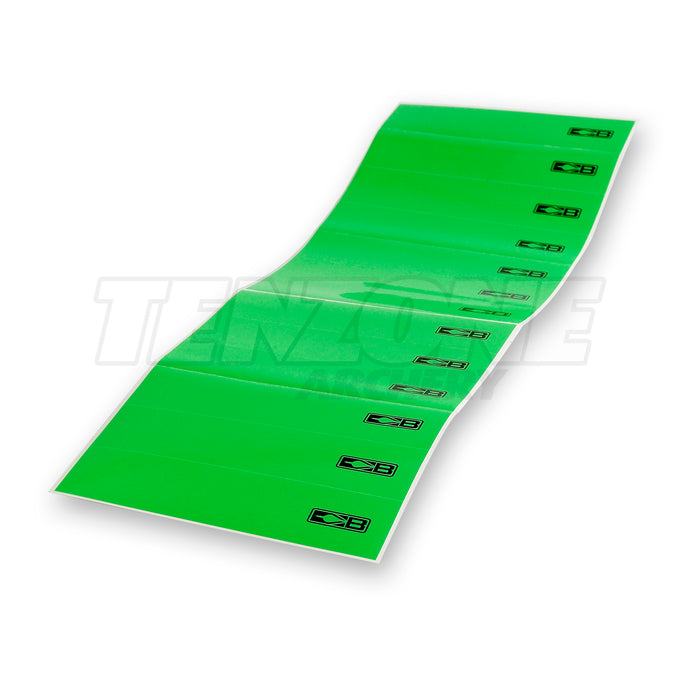 Thirteen neon green Bohning arrow wraps each printed at one end with a black Bohning logo symbol. The Ten Zone Archery logo is visible as a watermark over the image.