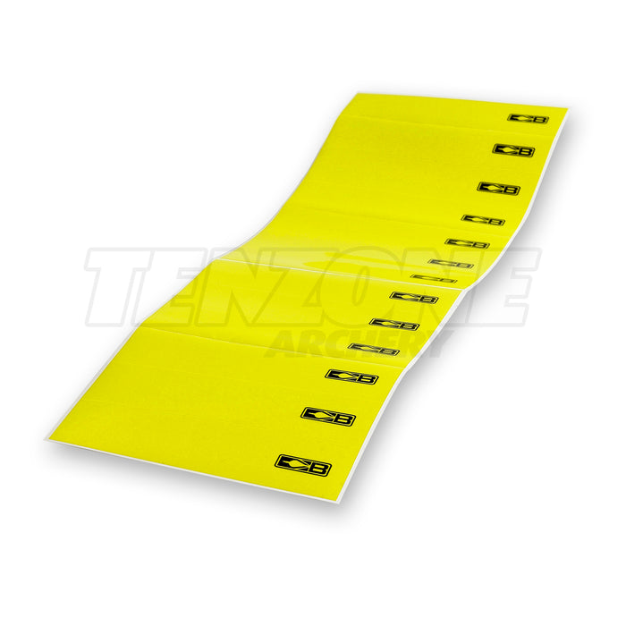Thirteen neon yellow Bohning arrow wraps each printed at one end with a black Bohning logo symbol. The Ten Zone Archery logo is visible as a watermark over the image.
