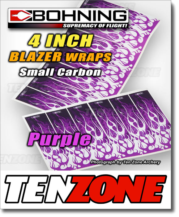 Thirteen purple flame pattern Bohning arrow wraps each printed at one end with a white Bohning logo symbol. The Ten Zone Archery logo is visible as a watermark over the image.