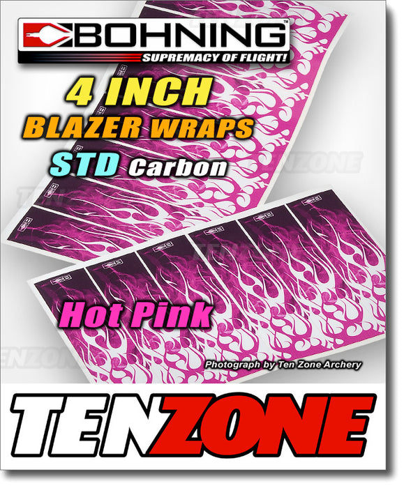 Thirteen hot pink flame pattern Bohning arrow wraps each printed at one end with a white Bohning logo symbol. The Ten Zone Archery logo is visible as a watermark over the image.