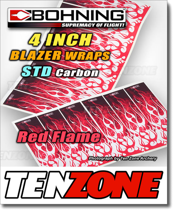 Thirteen red flame pattern Bohning arrow wraps each printed at one end with a white Bohning logo symbol. The Ten Zone Archery logo is visible as a watermark over the image.