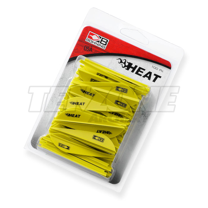 Pack of 100 neon yellow Bohning Heat vanes.  The Ten Zone Archery logo is visible as a watermark over the image.