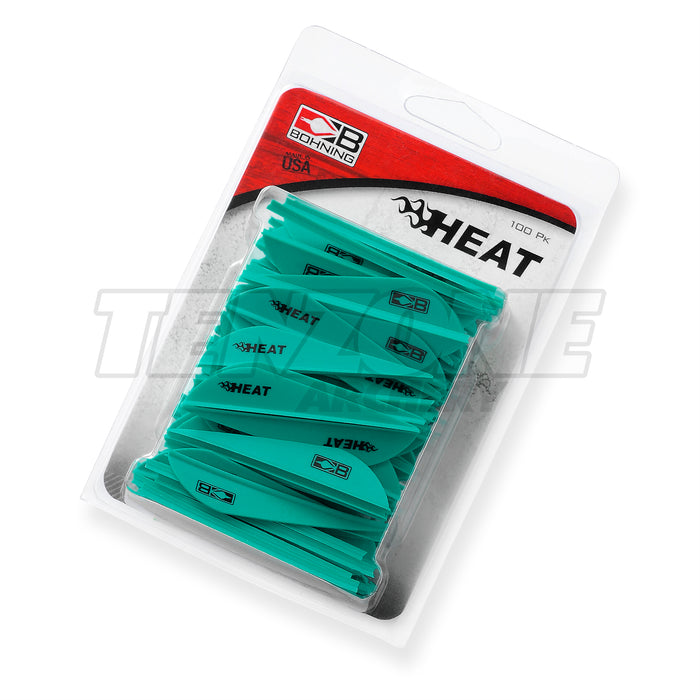 Pack of 100 teal Bohning Heat vanes.  The Ten Zone Archery logo is visible as a watermark over the image.