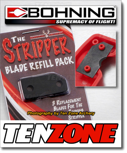 Composite image showing the Bohning stripper blade refill pack with a close-up of the blade inserted in the arrow  stripper tool. The image also shows the Bohning and Ten Zone Archery logos.
