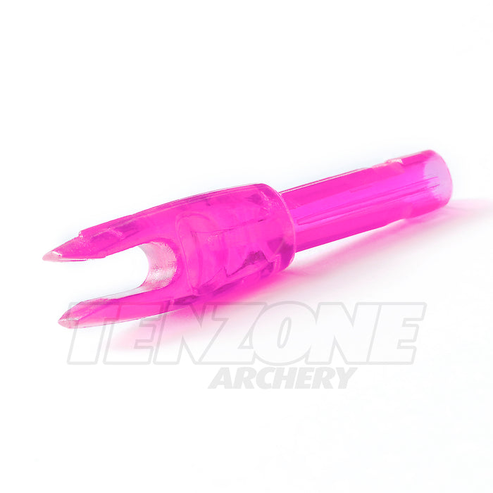 Closeup image of one pink EV-M micro diameter nock of large throat size by Evolusion Arrows from Ten Zone Archery