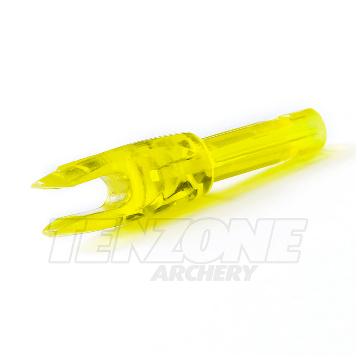 Closeup image of one yellow EV-M micro diameter nock of large throat size by Evolusion Arrows from Ten Zone Archery