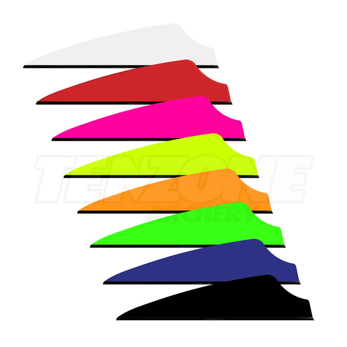 Eight individual Q2i Fusion X-II 1.75 inch vanes showing the range of colours. The Ten Zone Archery logo is visible as a watermark over the image.