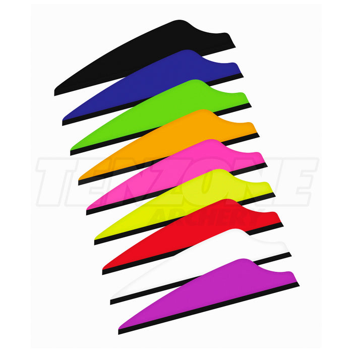 Nine individual Q2i Fusion X-II SL 1.75 inch vanes showing the range of colours. The Ten Zone Archery logo is visible as a watermark over the image.