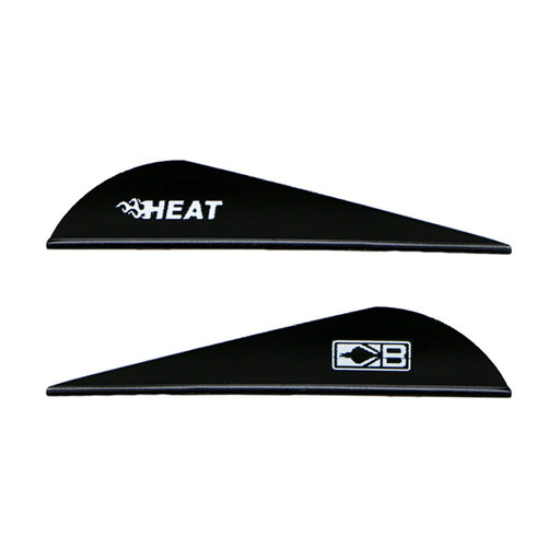 Two black Bohning Heat vanes. One vane shows the white Heat logo. The other faces the opposite direction and shows the white Bohning logo symbol.