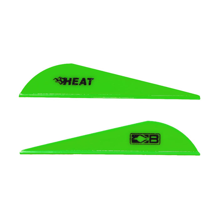 Two neon green Bohning Heat vanes. One vane shows the black Heat logo. The other faces the opposite direction and shows the black Bohning logo symbol.