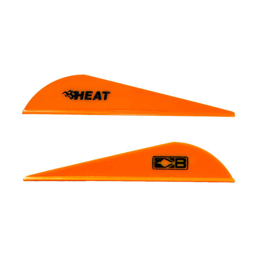 Two neon orange Bohning Heat vanes. One vane shows the black Heat logo. The other faces the opposite direction and shows the black Bohning logo symbol.