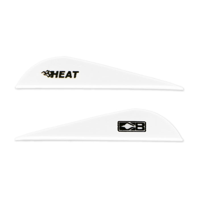 Two white Bohning Heat vanes. One vane shows the black Heat logo. The other faces the opposite direction and shows the black Bohning logo symbol.