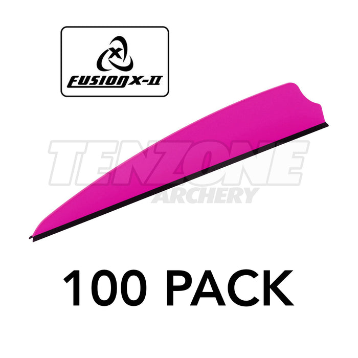 One flo pink Q2i X-II 3-inch vane with a black base. The image includes the Fusion X-II logo and these words: 100 PACK. The Ten Zone Archery logo is visible as a watermark over the image.