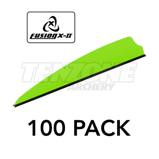 One green Q2i X-II 3-inch vane with a black base. The image includes the Fusion X-II logo and these words: 100 PACK. The Ten Zone Archery logo is visible as a watermark over the image.