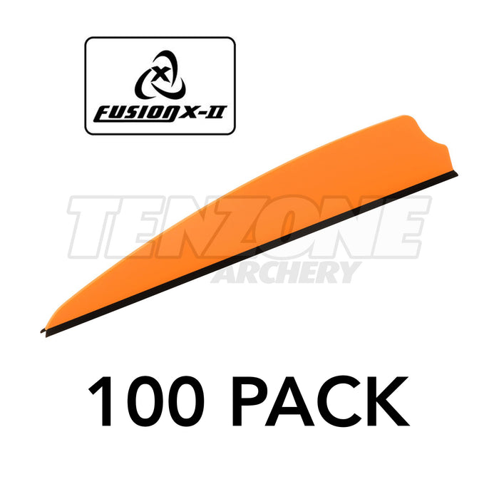 One orange Q2i X-II 3-inch vane with a black base. The image includes the Fusion X-II logo and these words: 100 PACK. The Ten Zone Archery logo is visible as a watermark over the image.