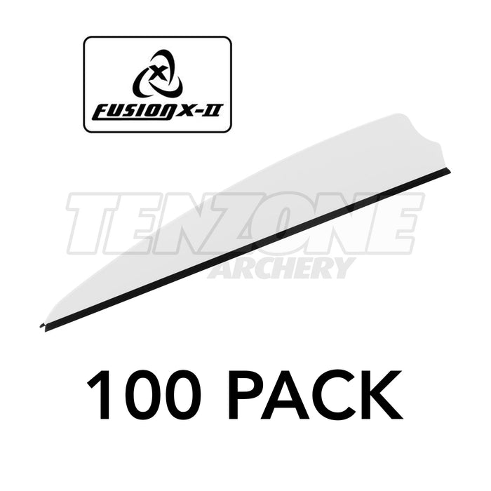 One white Q2i X-II 3-inch vane with a black base. The image includes the Fusion X-II logo and these words: 100 PACK. The Ten Zone Archery logo is visible as a watermark over the image.