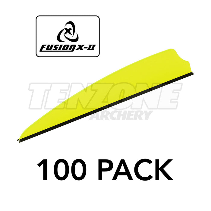 One yellow Q2i X-II 3-inch vane with a black base. The image includes the Fusion X-II logo and these words: 100 PACK. The Ten Zone Archery logo is visible as a watermark over the image.