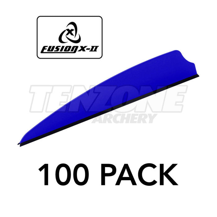 One blue Q2i X-II 3-inch vane with a black base. The image includes the Fusion X-II logo and these words: 100 PACK. The Ten Zone Archery logo is visible as a watermark over the image.